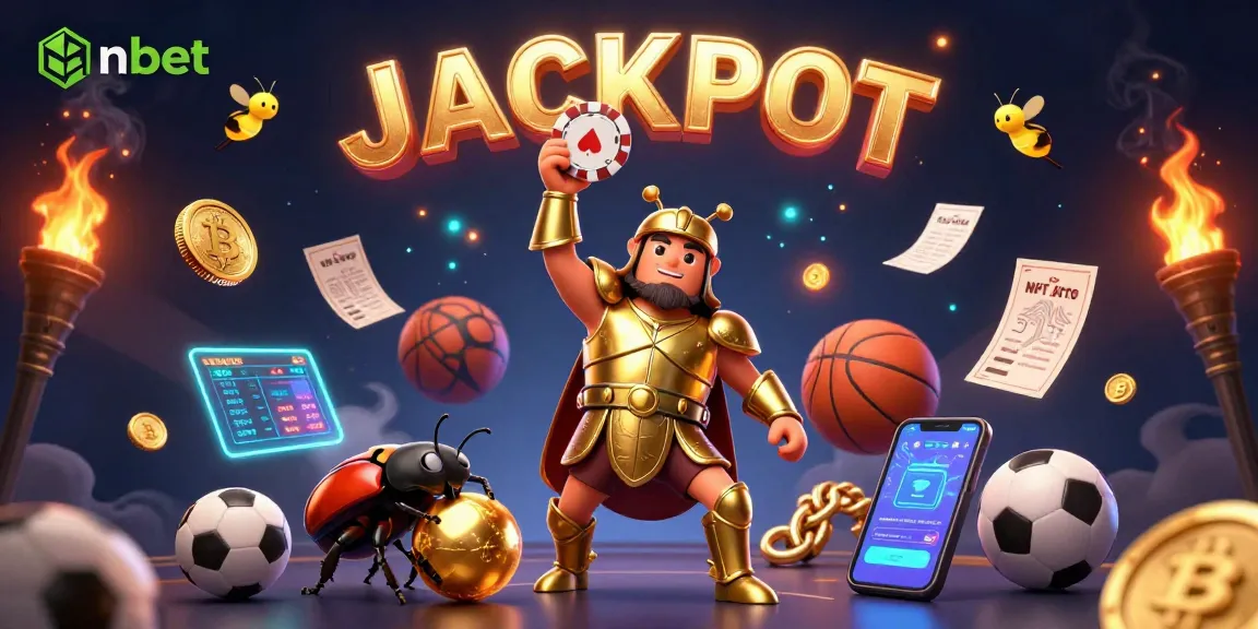 nbet showcases a victorious beetle lifting a poker chip amid a vibrant sports betting scene.
