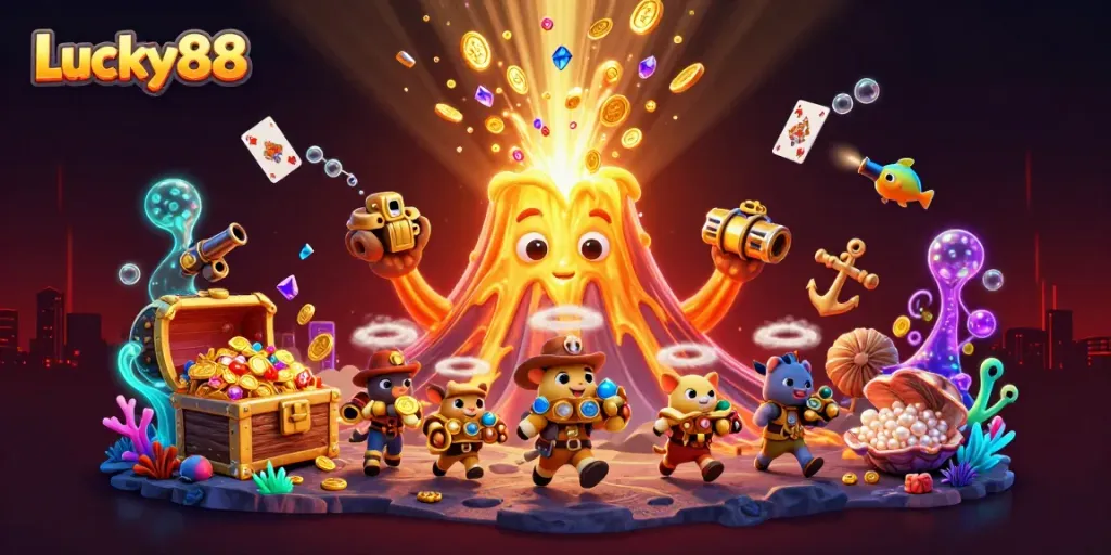 Experience the excitement at Lucky88, where treasure erupts from the volcano amidst vibrant casino elements.