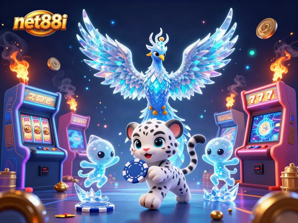 Experience the thrill of gaming with net88i’s vibrant casino scene featuring a playful snow leopard and glowing sprites.