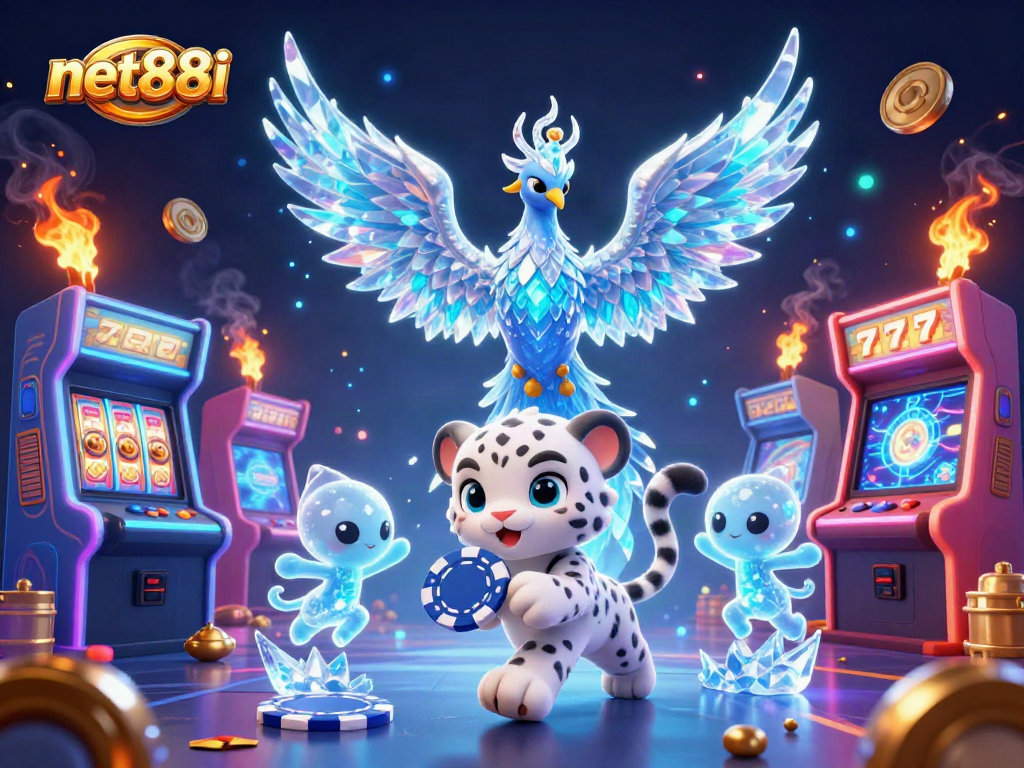 Experience the thrill of gaming with net88i’s vibrant casino scene featuring a playful snow leopard and glowing sprites.