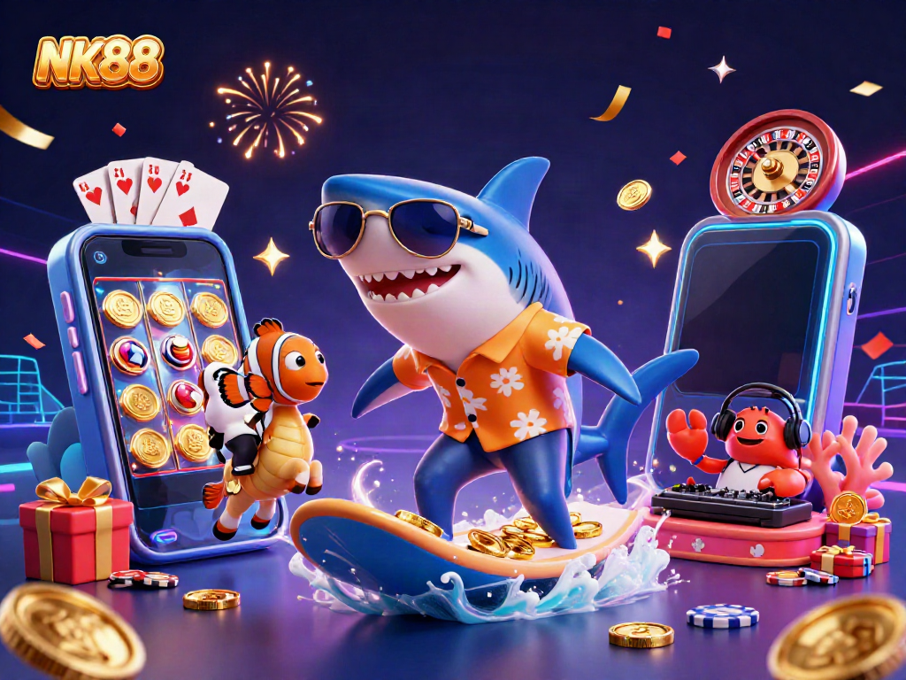 Navigating the exciting world of online gambling with NK88, featuring vibrant characters and game elements.