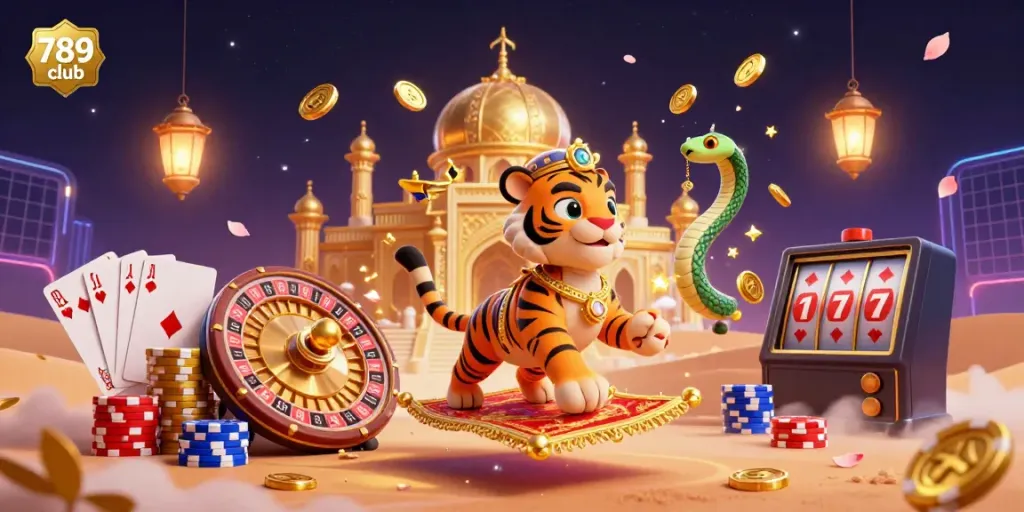 Experience the magic of 789 club with a vivid, dynamic illustration showcasing an Arabian Nights-themed casino adventure.