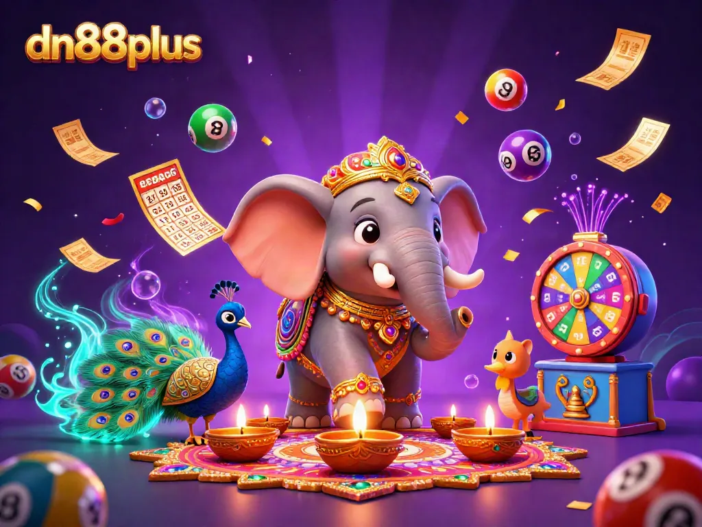 Celebrate with dn88plus as colorful lottery balls bounce around a vibrant casino scene.