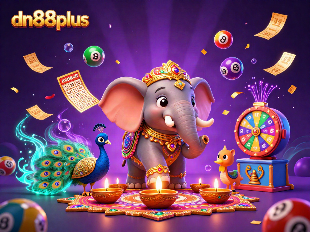 Celebrate with dn88plus as colorful lottery balls bounce around a vibrant casino scene.