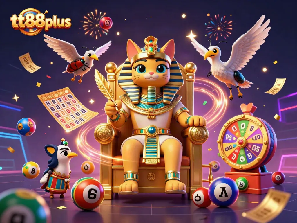 Winning at tt88plus with a pharaoh cat and scribe in vibrant casino atmosphere