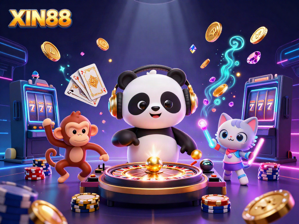 XIN88 captivates players with vibrant characters, gold coins, and thrilling game elements in a digital casino scene.