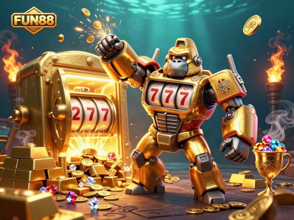 Experience the thrill of FUN88 with a vibrant casino scene showcasing golden mech and treasure elements.