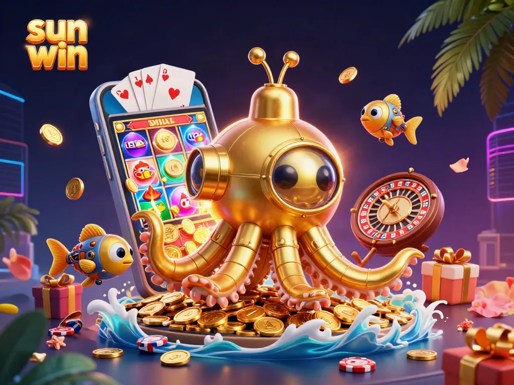 Engage with sun win's thrilling underwater adventure featuring a golden kraken and vibrant casino elements.