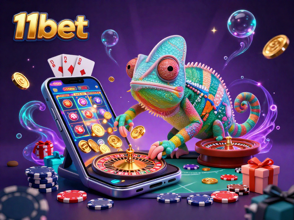 Experience the thrill of 11bet's casino magic with a chameleon owner collecting coins while surrounded by vibrant games.