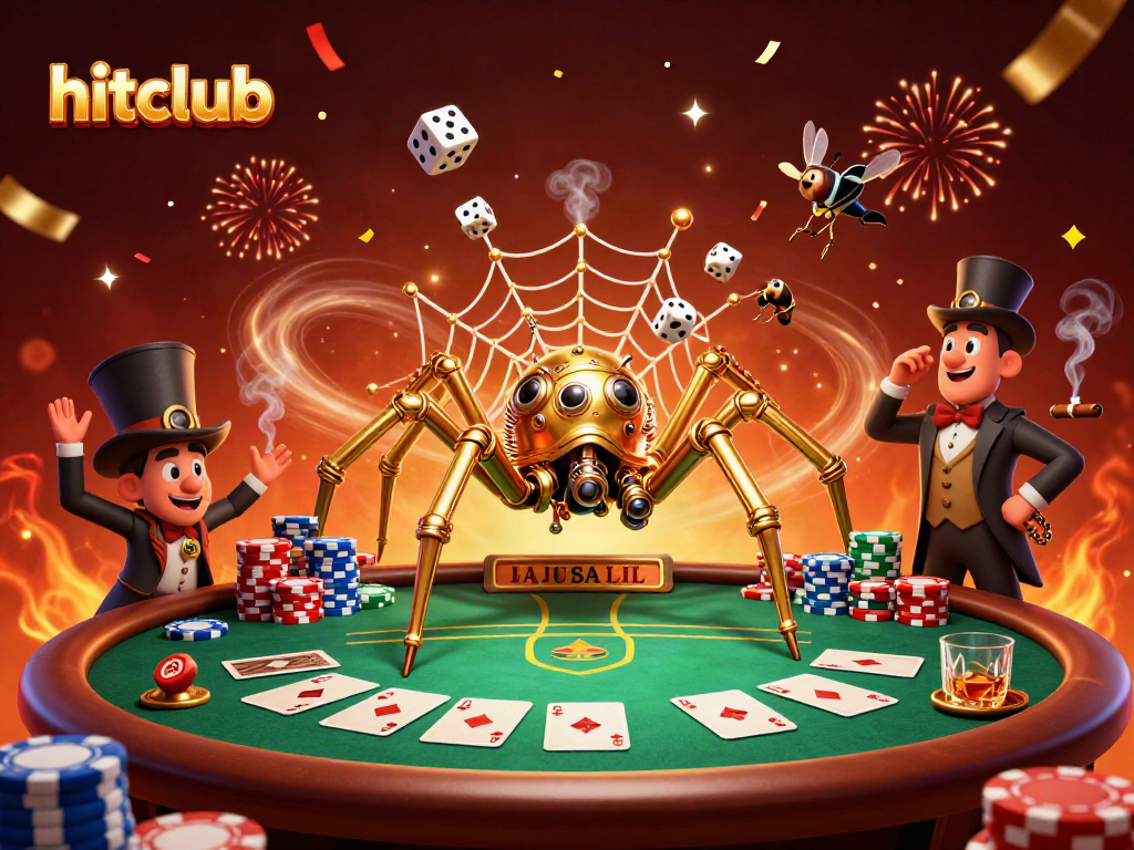 Delve into hitclub's thrilling poker world with a steampunk spider capturing dice.