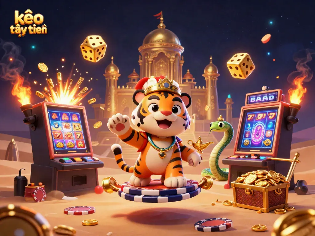 Engaging kèo trực tuyến gaming scene with a tiger sultan and a jackpot explosion of coins.