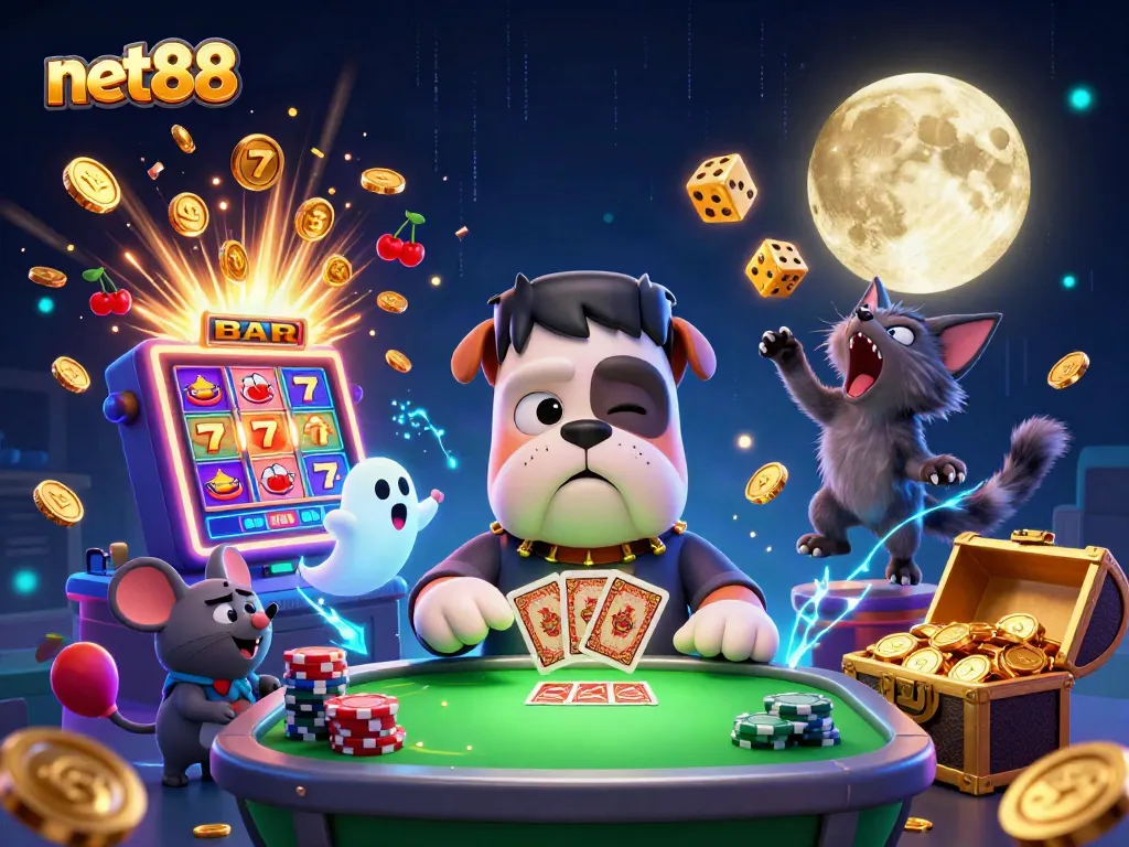 Experience the thrill of betting with net88, featuring a playful Frankenstein bulldog at a lively casino table.