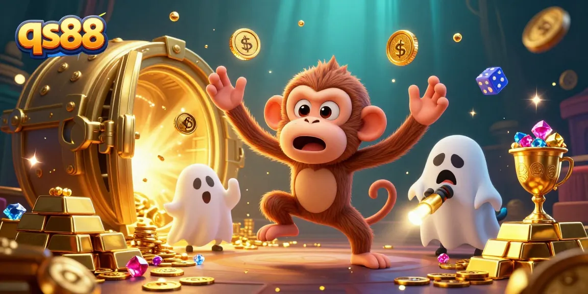 qs88 casino game scene with golden treasures, poltergeist monkey, and ghost-hunter puppy