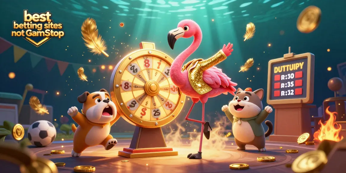 Excitedly exploring the best betting sites not on GamStop in a vibrant casino-themed illustration.