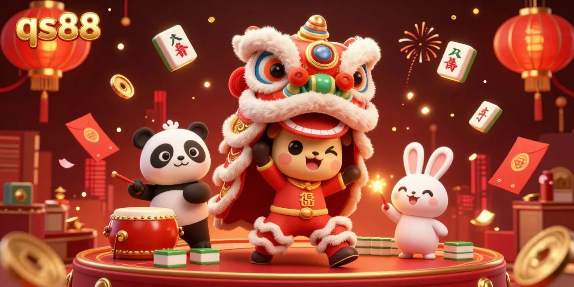 Experience winning thrills with qs88's vibrant gambling celebration featuring lion dance and festive elements.