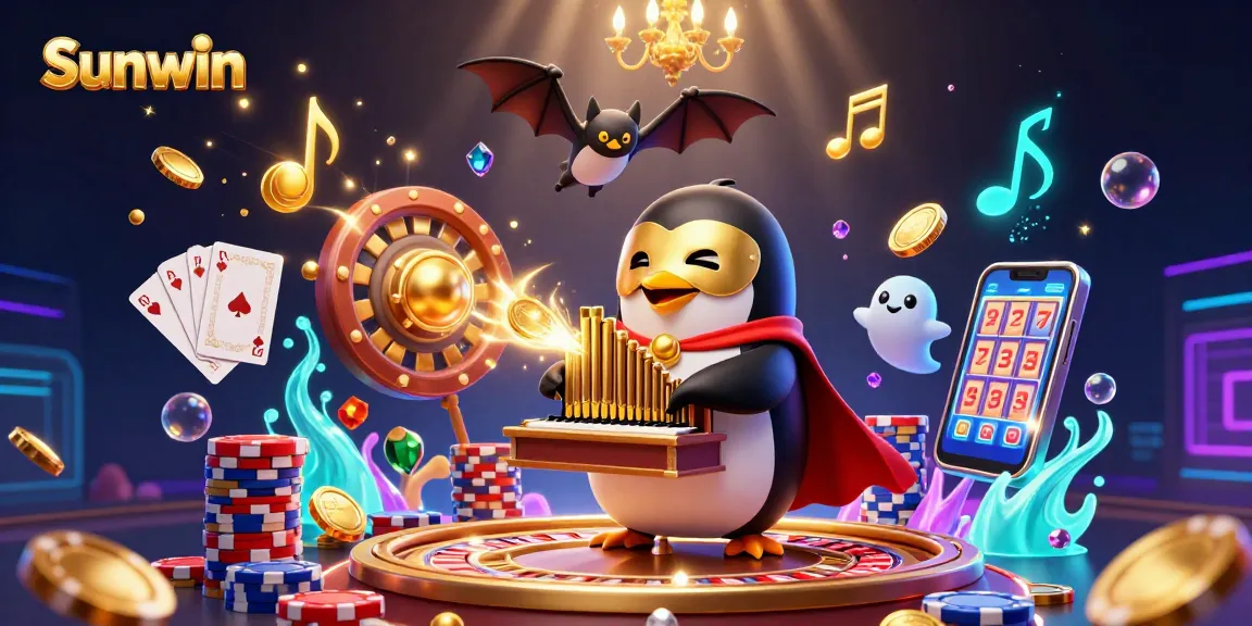 Engage with Sunwin's premier gaming experience featuring a lively 3D casino scene with dynamic elements.