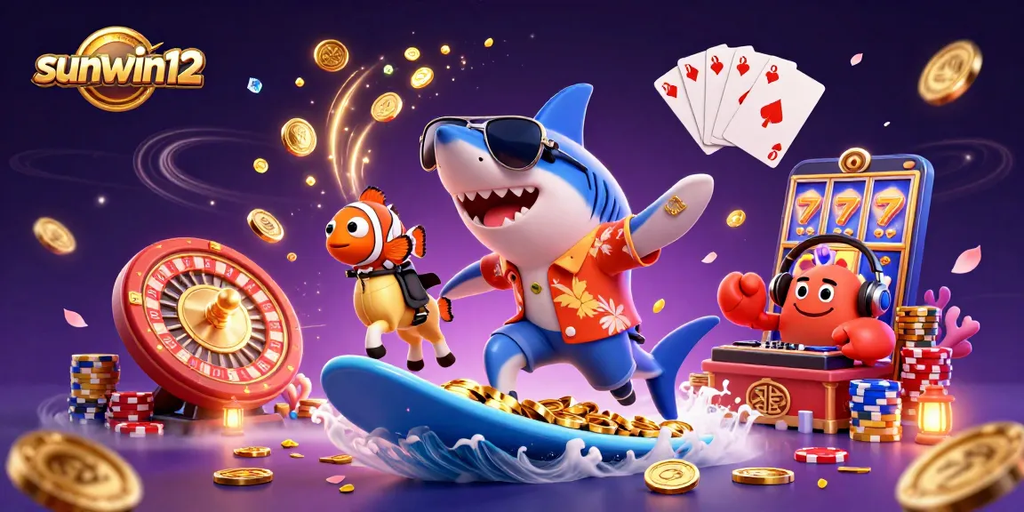 Experience the fun of sunwin12 with this dynamic casino-themed illustration showcasing lively characters and vibrant gaming elements.