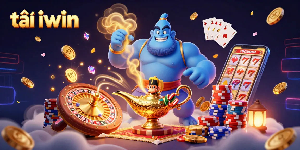Experience the thrill of tải iwin with a vibrant 3D casino illustration featuring a genie and poker elements.