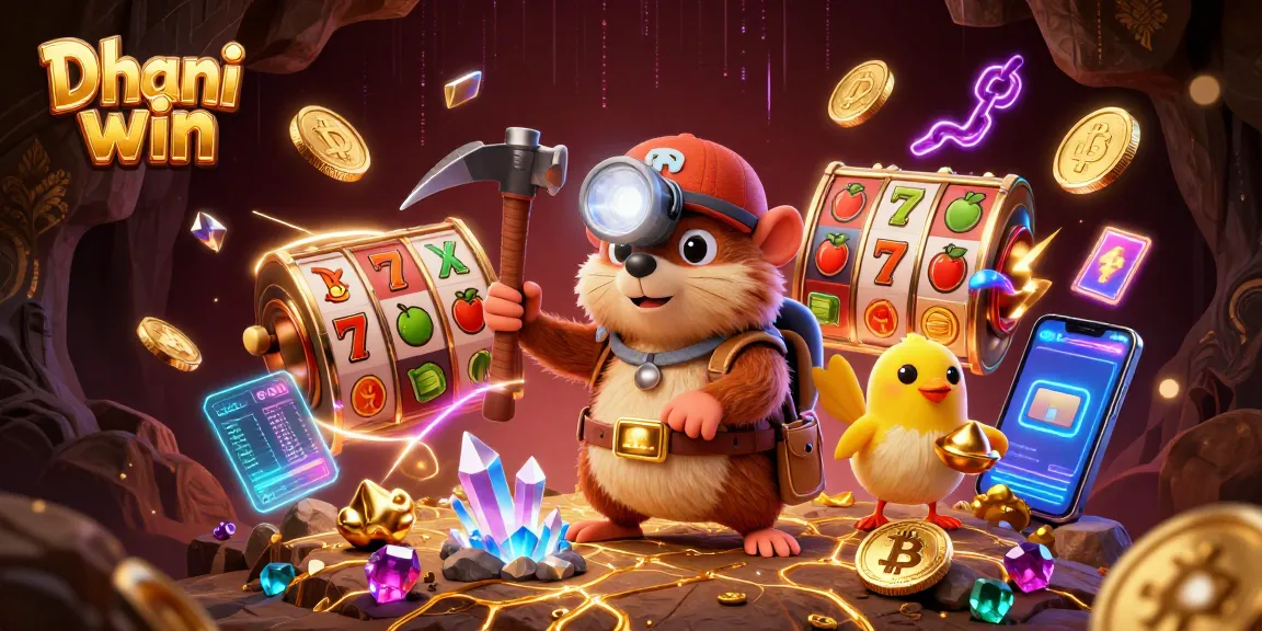 Dhani win game illustration with vibrant treasure hunting scene enriched by slot elements and glowing cryptocurrency coins.