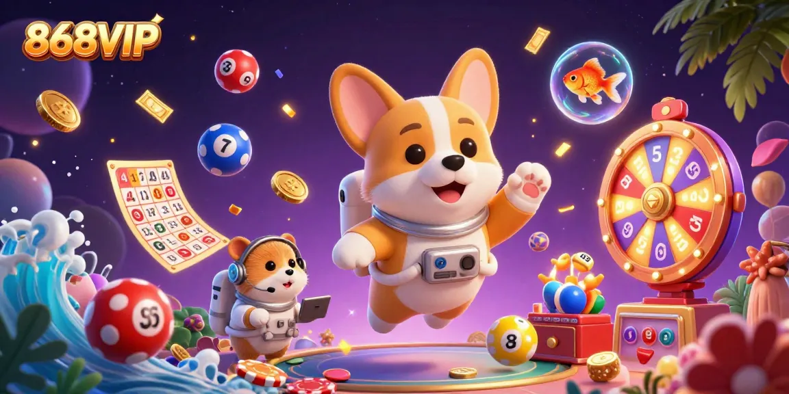 Experience thrilling moments at 868VIP with an astronaut corgi in a vibrant casino scene.