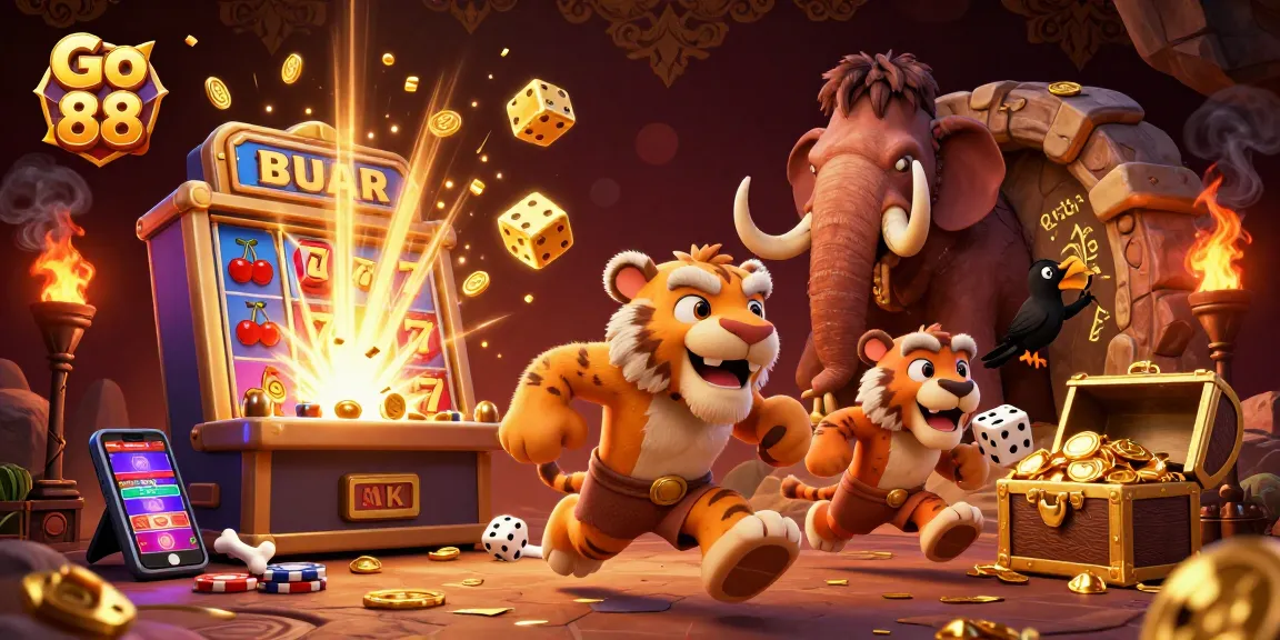 Experience thrilling adventures at Go 88 with an exciting prehistoric casino scene showcasing vibrant 3D characters.