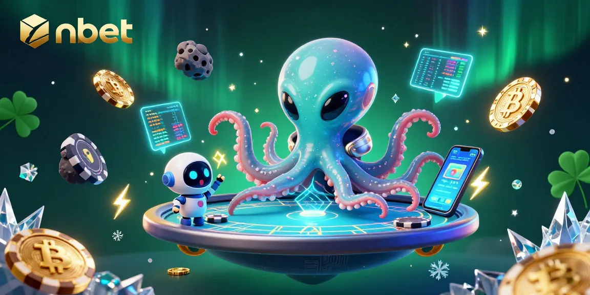 Engage in thrilling games at onbet while the alien octopus plays poker with vibrant crypto elements.