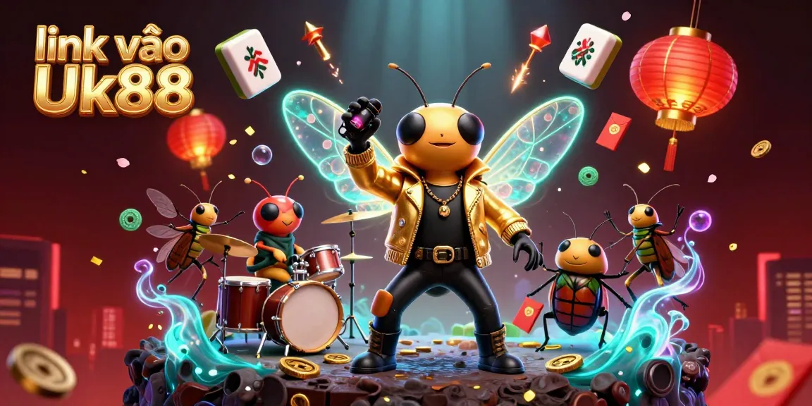 Engage with thrilling gameplay at link vào Uk88 featuring vibrant illustration of a rock star cicada in a lively casino setting.