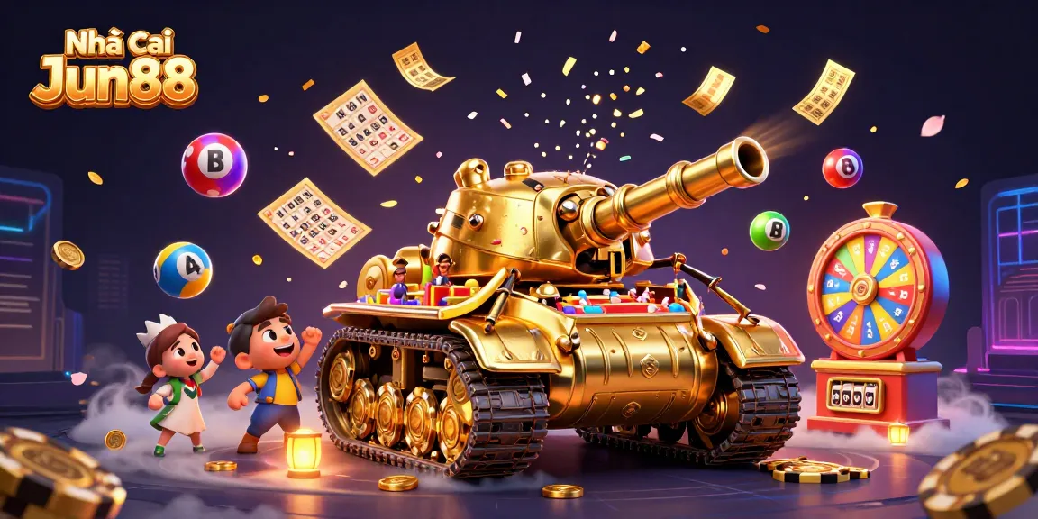 Engage with Nhà cái Jun88's vibrant casino scene featuring colorful lottery balls and golden prizes.