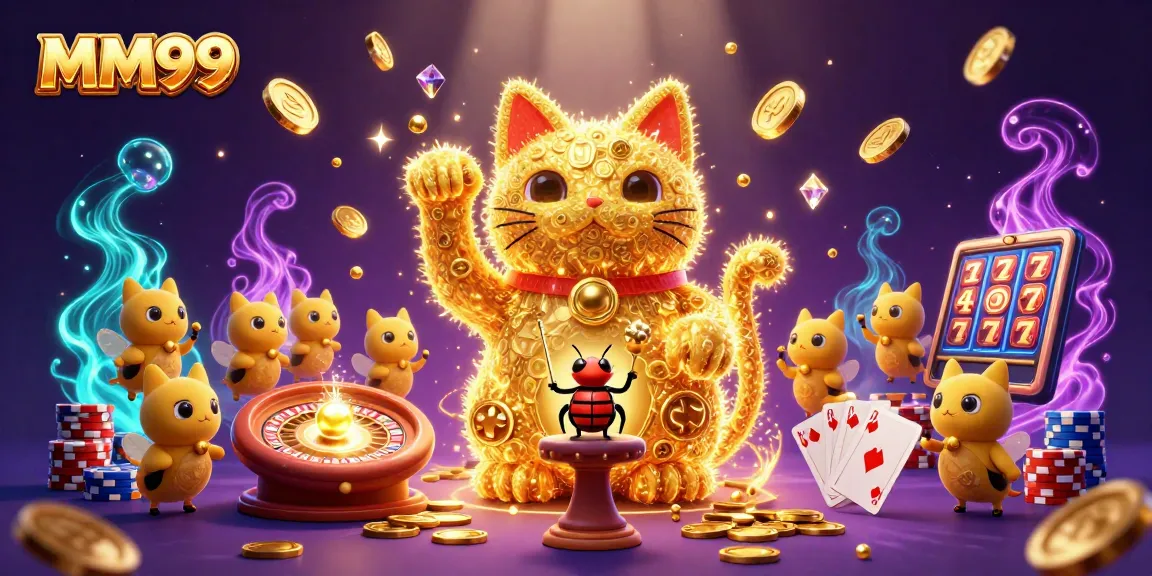 Experience the thrill of MM99 featuring a giant lucky cat and casino elements amidst sparkling gems.