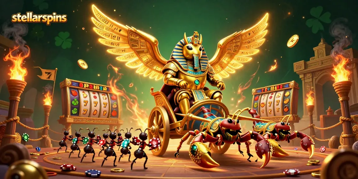 Engage with stellarspins as the colossal scarab beetle navigates a dynamic slot gaming scene.