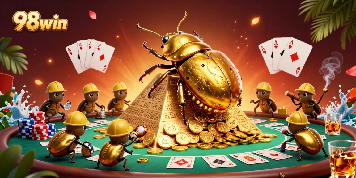 Experience the excitement of 98win with vibrant casino action featuring poker and golden coins.