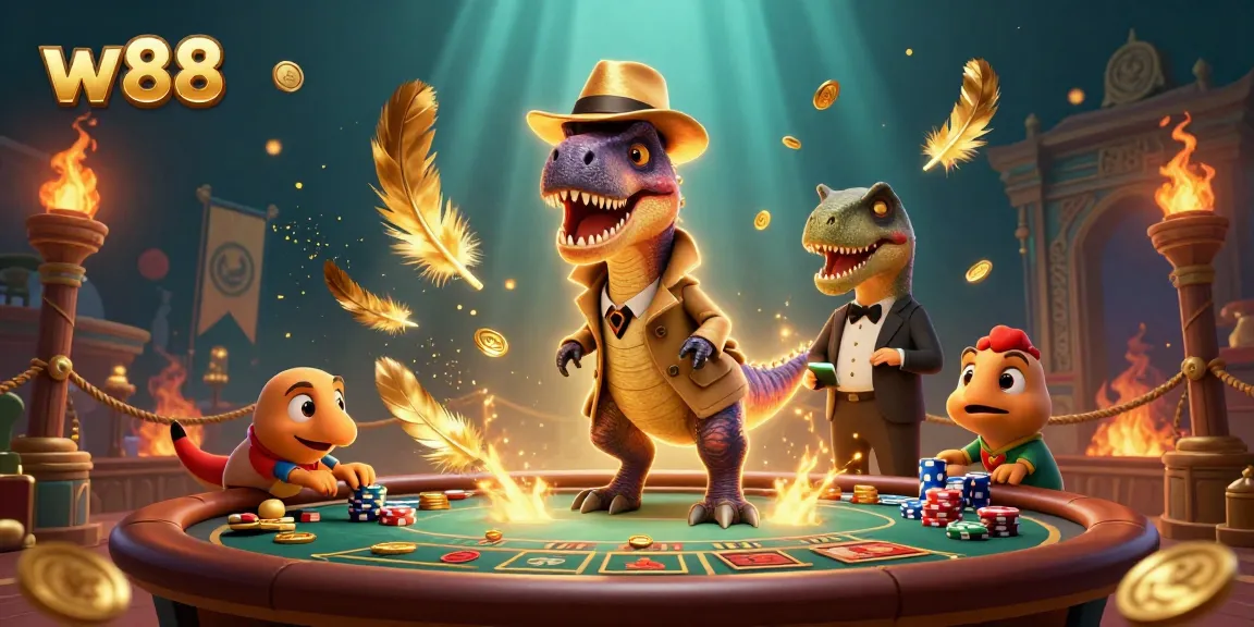 Place bets at w88 while cartoon characters engage in a bustling casino atmosphere.