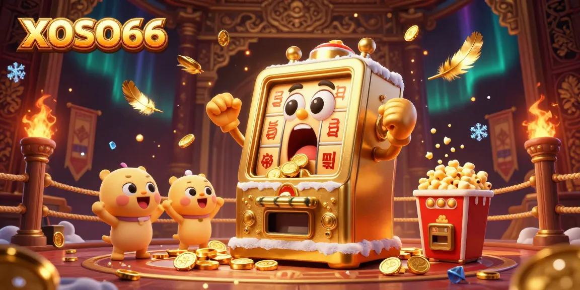 XOSO66 slot machine hitting the jackpot amid cheering machines and magical elements.
