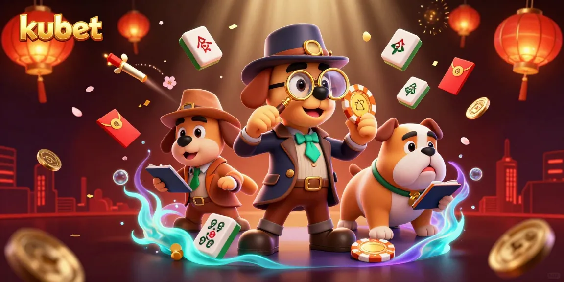 Kubet gaming scene with a detective cartoon dog analyzing a poker chip among floating casino themes.