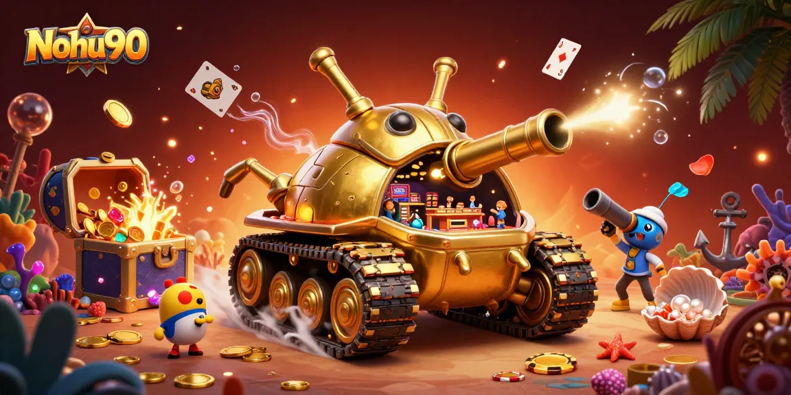 Nohu90 offers a lively casino adventure with a golden beetle tank surrounded by treasure and festive elements.