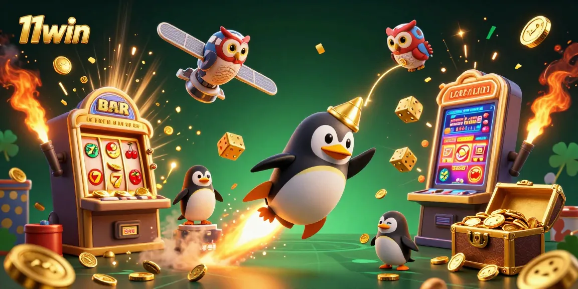 Experience the thrill of 11win with a dynamic casino scene featuring golden penguins and slot machines.