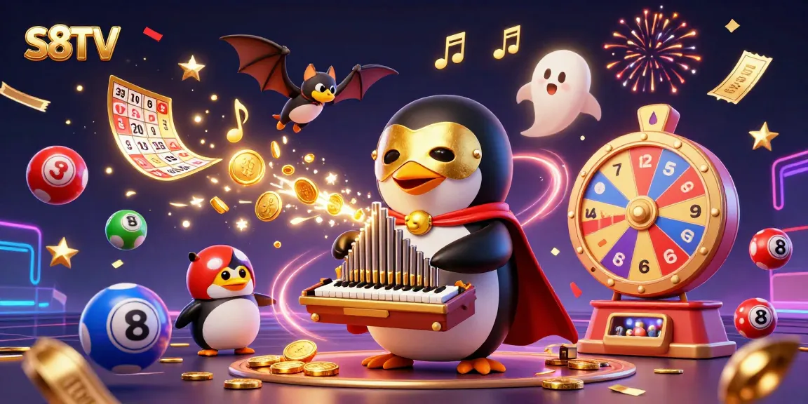 S8TV captures the excitement of live betting with a whimsical penguin performing amidst golden coins and vivid lottery elements.
