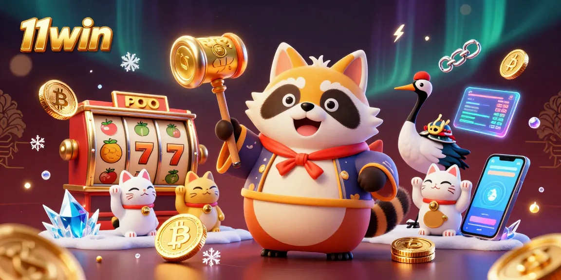Engage with 11win's colorful characters and slot elements in a vibrant 3D casino illustration.