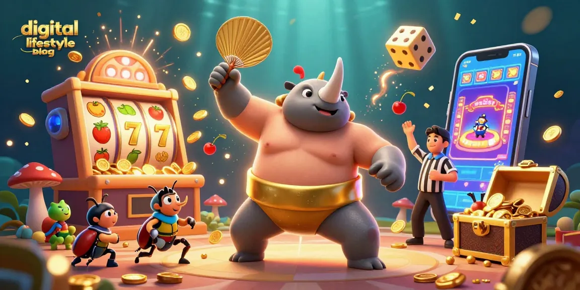 The cartoon scene on a digital lifestyle blog depicts a beetle sumo champion surrounded by dynamic gambling elements.