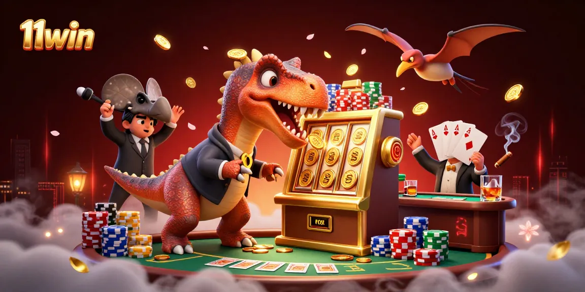 Experience thrilling jackpots at 11win as a pachycephalosaurus hits a golden slot machine.