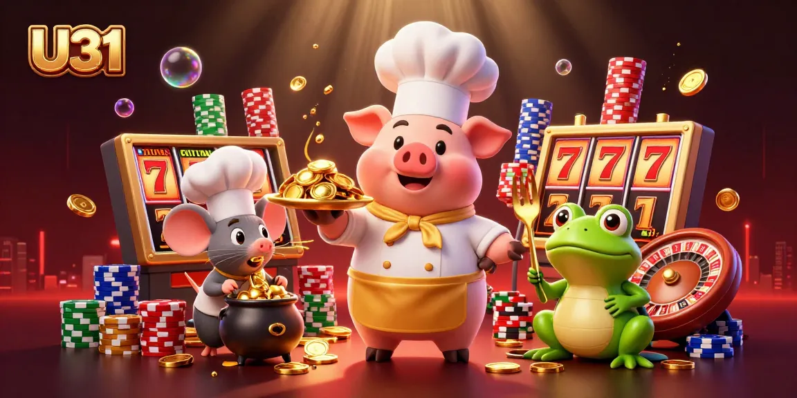 U31 stunningly illustrates a vibrant casino scene filled with gold coins, jackpot symbols, and lively characters.