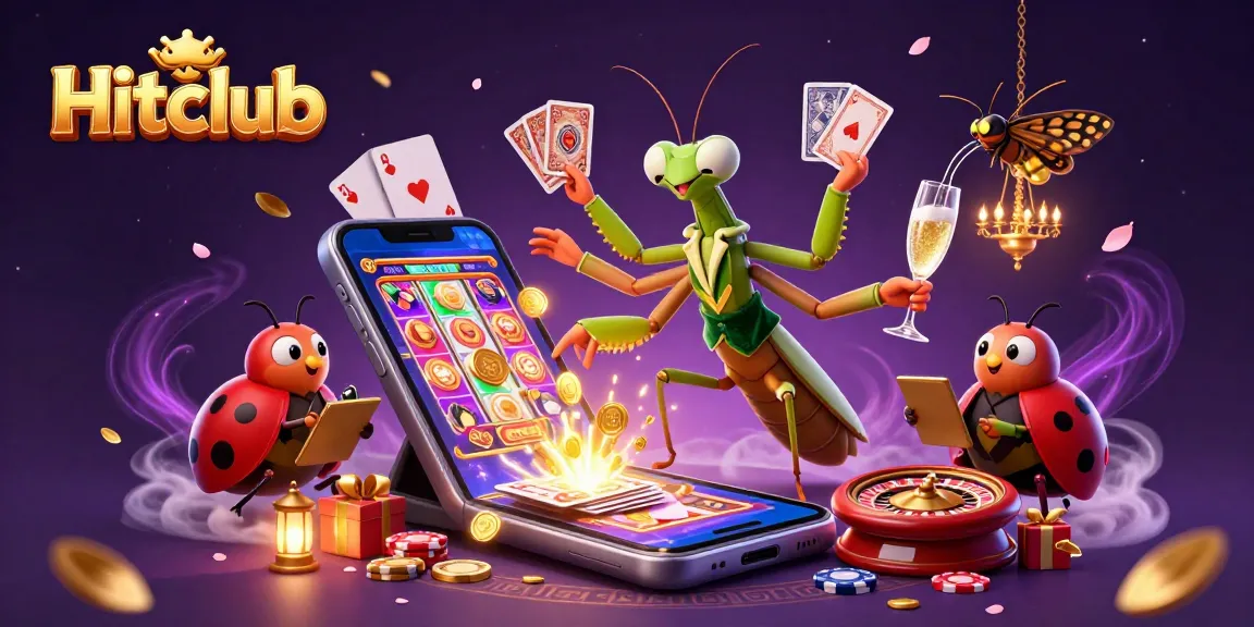 Hitclub showcases a dynamic scene with a praying mantis dealer while gambling elements burst with excitement.