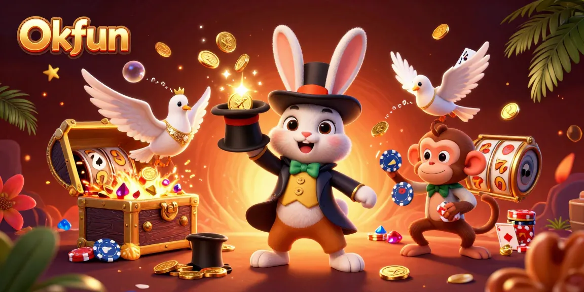 Join the excitement at Okfun as a magician rabbit conjures coins, amid dazzling casino elements.