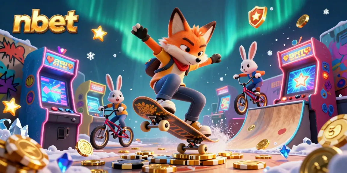 Experience the vibrant nbet casino world with a skateboarder fox and BMX-riding rabbit in a dynamic gaming scene.
