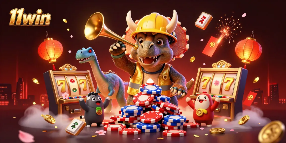 Join the excitement with 11win as a triceratops builds poker chip pyramids!