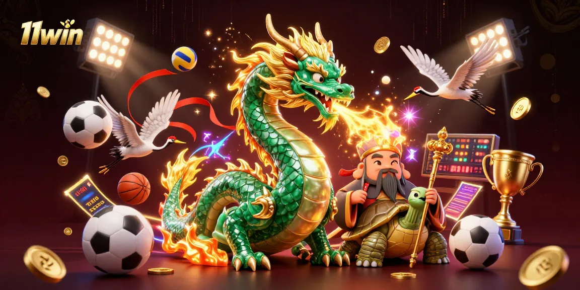 Experience excitement with 11win's vibrant 3D casino scene featuring a dragon, sage, and lucky cranes.