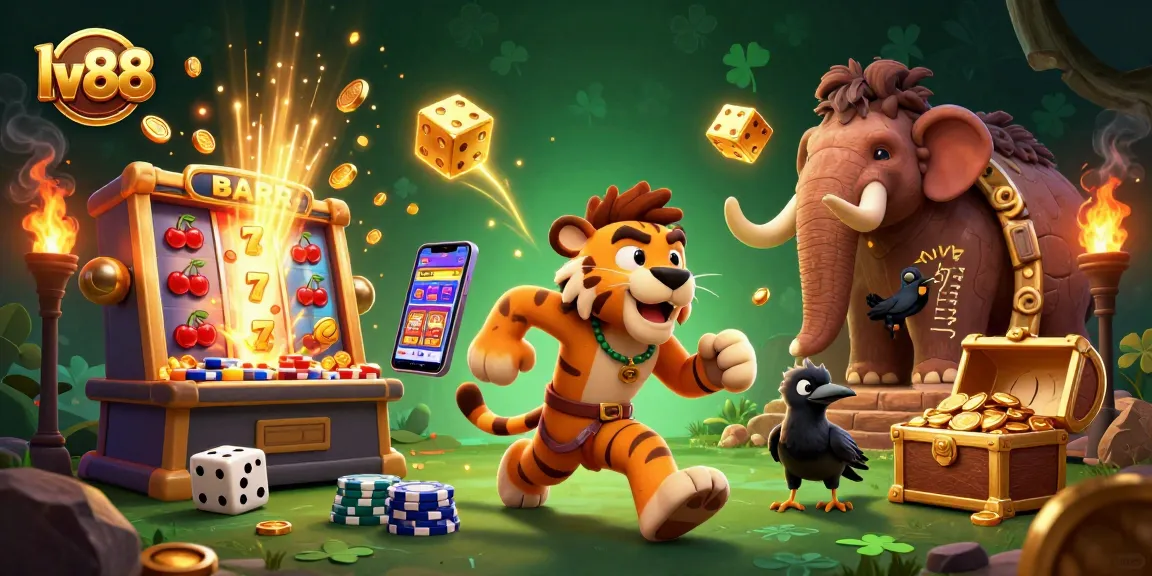 Play immersive games at lv88 as the caveman duo celebrates a jackpot explosion in their prehistoric casino.