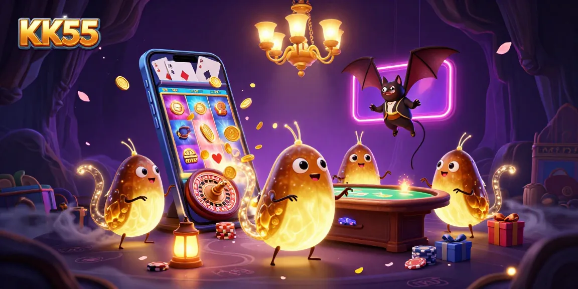 Engage with KK55's vibrant casino scene, featuring glowworms and dynamic gaming elements.