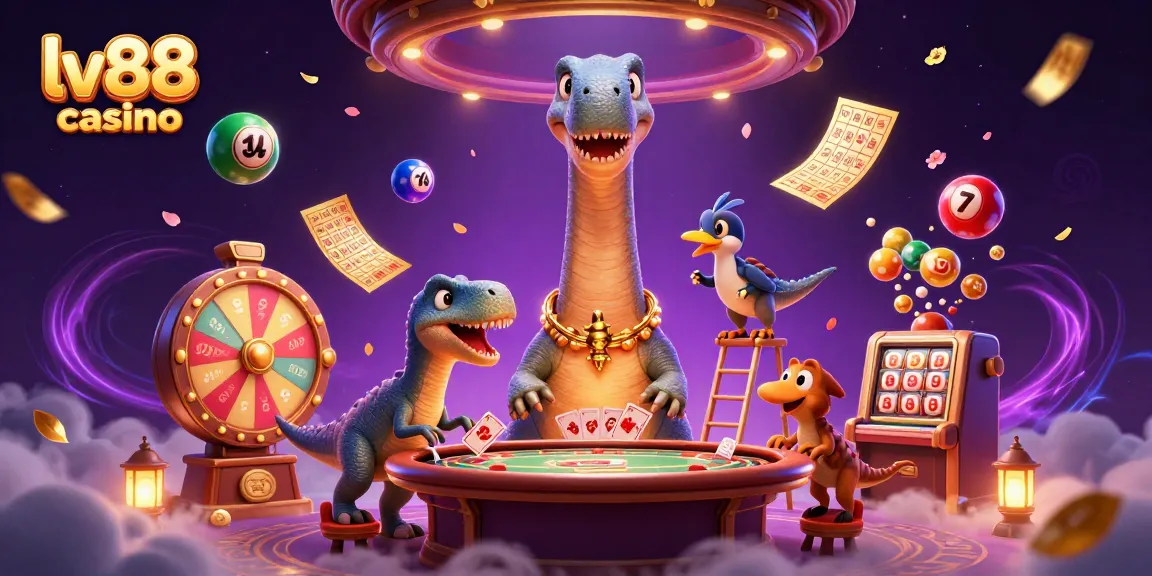 Experience the vibrant lv88 casino atmosphere with card-dealing raptors and colorful lottery balls.