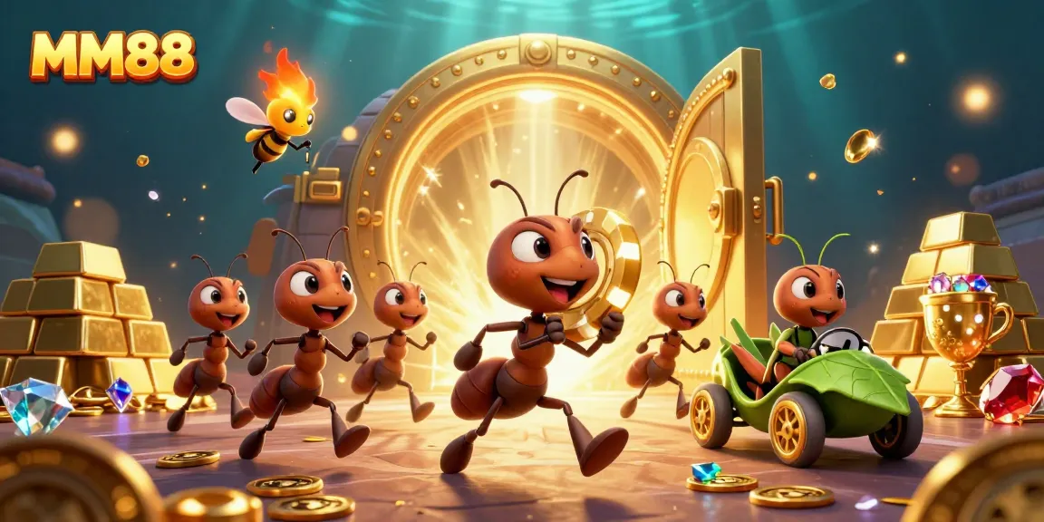 MM88 ants heist scene with poker chip and treasure in an underwater tunnel.